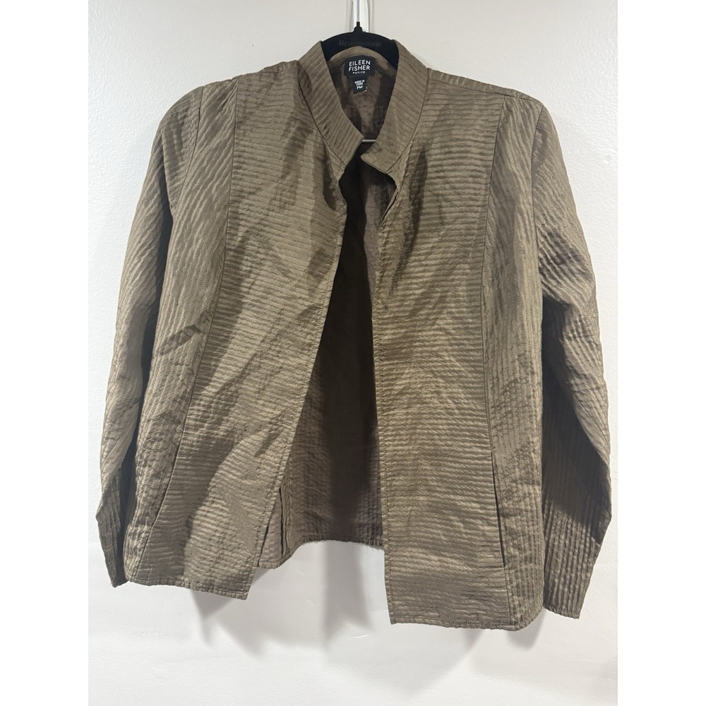 Eileen Fisher Silk Jacket Topper sz PM  Olive Brown Open Front  Minimalist Sheen